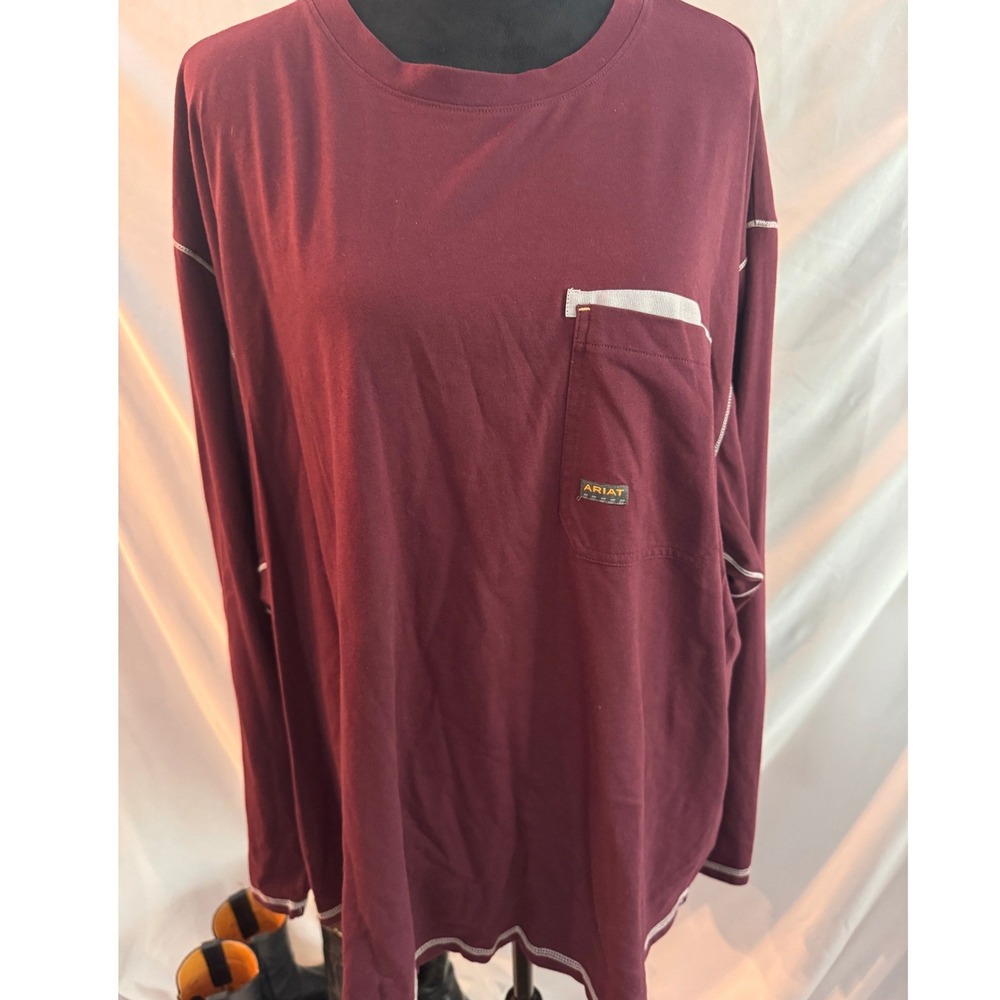 Ariat Rebar Mens XXXL Maroon Long Sleeve Pocket Work Shirt Contrast Stitch